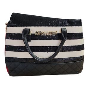 Betsey Johnson Be Mine Black White Stripe Sequin Quilted Satchel Purse